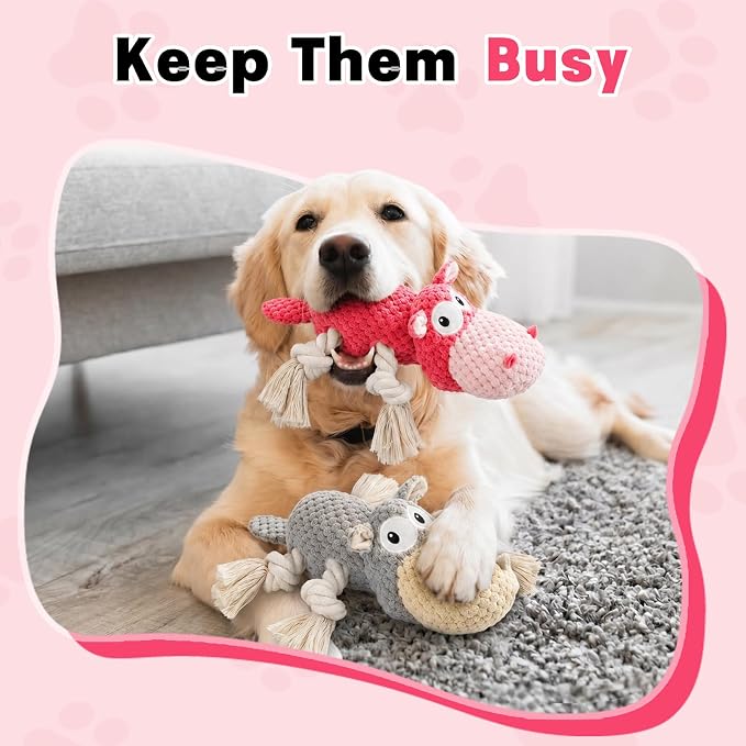 TOOPTATE 2-Pack Squeaky Hippo Dog Toys, Gray & Pink, Medium | Cute Plush Design, Rope Legs for Tugging, Helps Keep Dogs Busy, Suitable for Small, Medium, and Large Dogs - Image 4