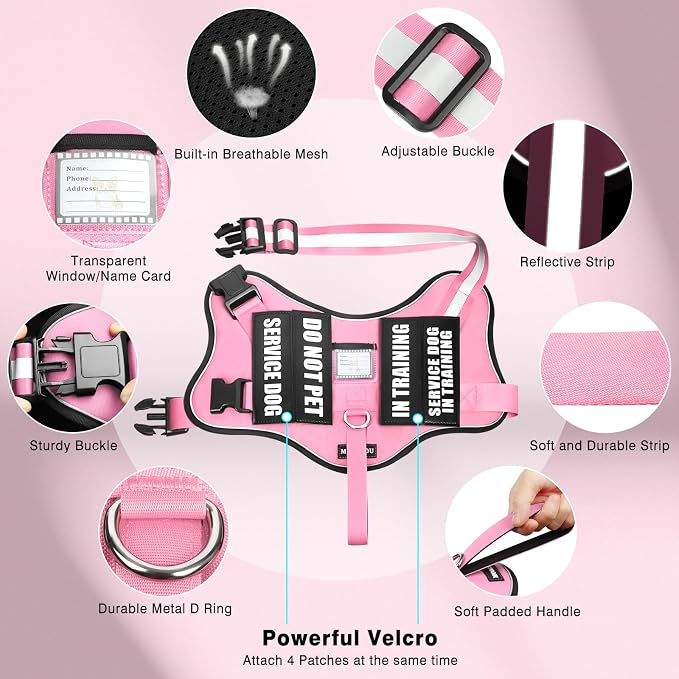 Service Dog Vest Harness and Leash Set+10 Patches,No Pull&Easy Walk Reflective Dog Harness with Soft Padded Handle for Training/Everyday,Fit Small/Medium/Large/Extra-Large Dogs (Pink L) | No Pull&Adjustable Reflective Dog Harness Large Sized,Dog Leash ... - Image 4