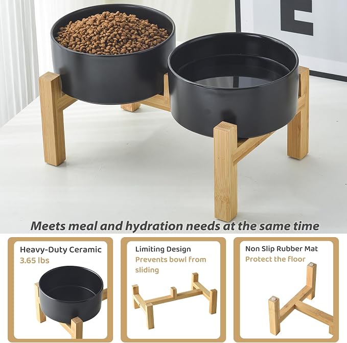 Raised Ceramic Dog Bowl Set - Elevated Dog Bowls with Non Slip Bamboo Stand, Food and Water Bowl Set for Small and Medium Breed Dogs, Pet Bowls, Weighted Dogs Dishes (6'', 2 * 30OZ, Black) - Image 5