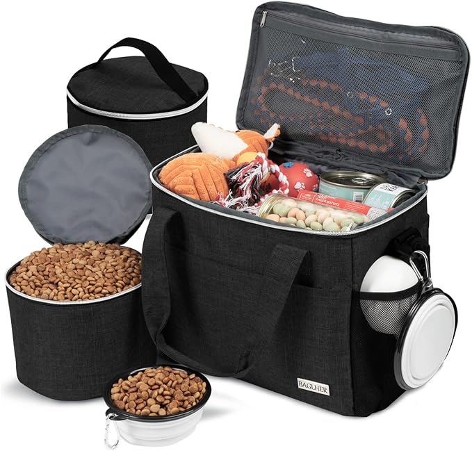 BAGLHER Dog Travel Bag Backpack Pet Supplies Backpack Pet Accessories Storage Bag 5-Piece Set With Shoulder Strap 2 Lined Pet Food Containers 2 Foldable Feeding Bowls Essential Kit for Pet travel by BAGLHER