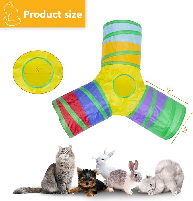 3 Way Cat Tunnel Collapsible Fun Pet Play Tube Toys for Cats, Kittens, Puppies & Rabbits - Portable Tunnel with Hanging Ball for Indoor Play, Hideout & Exercise - Image 2