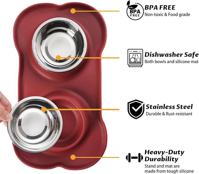 Hubulk Pet Dog Bowls 2 Stainless Steel Dog Bowl with No Spill Non-Skid Silicone Mat + Pet Food Scoop Water and Food Feeder Bowls for Feeding Small Medium Large Dogs Cats Puppies (Large, Burgundy) - Image 2