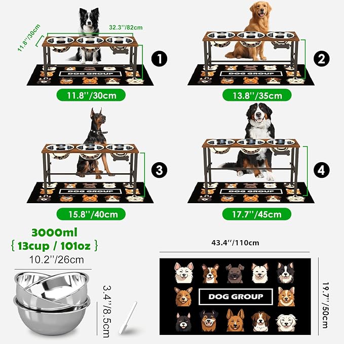 SHAINFUN Adjustable Height Elevated Dog Bowl Stand for Large & Extra Large Dogs – Wooden Raised Dog Bowls with Three 101oz Stainless Steel Bowls & Mat, Stainless Steel Food & Water Station - Image 4