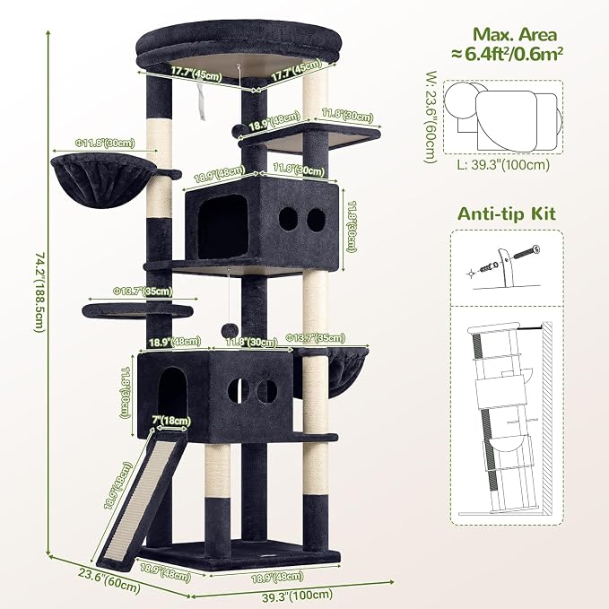 Globlazer S74G 74in Tall Cat Tree for Indoor Cats Large Adult, Dark Grey | Sturdy Heavy Duty Cat Tree Tower for Multiple Cats with 7 Scratching Posts, 2 Spacious Condos, 2 Hanging Baskets - Image 6