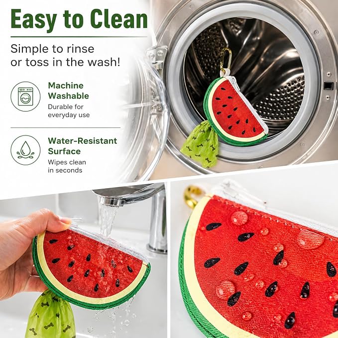 Watermelon Shaped Dog Poop Bag Holder Leash Attachment | Zipper Poop Bag Holder Dispenser & Trash Bag Carrier for Dog Walking, Cute Leash Attachable Dog Poop Bag Holder - Image 5