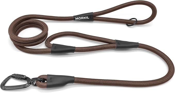 Rope Dog Leash with Two Handles, 6 Foot Heavy Duty Dog Leash with Aviation Aluminum Auto Locking Carabiner, Strong Nylon Pet Lead for Small, Medium, Large Dogs (Brown, 6FT-Two Handle) by MORXIL