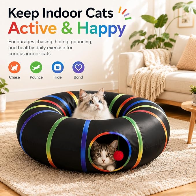 Cat Tunnel Toy with Plush Ball & Cat Wand Feather Toys-Portable Tattaff Waterproof Washable-Interesting Pattern Collapsible Black Rainbow - Image 3