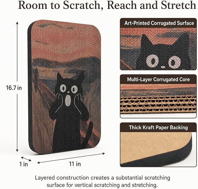 2 Pack Cat Wall Scratcher, Art Cat Scratching Board for Cats | Wall Mounted Cat Scratch Pad, Water-Based Ink, Hook&Loop Strips, Floor or Wall Use, 16.7x11x1 Inch, Goldfish & Scream - Image 2