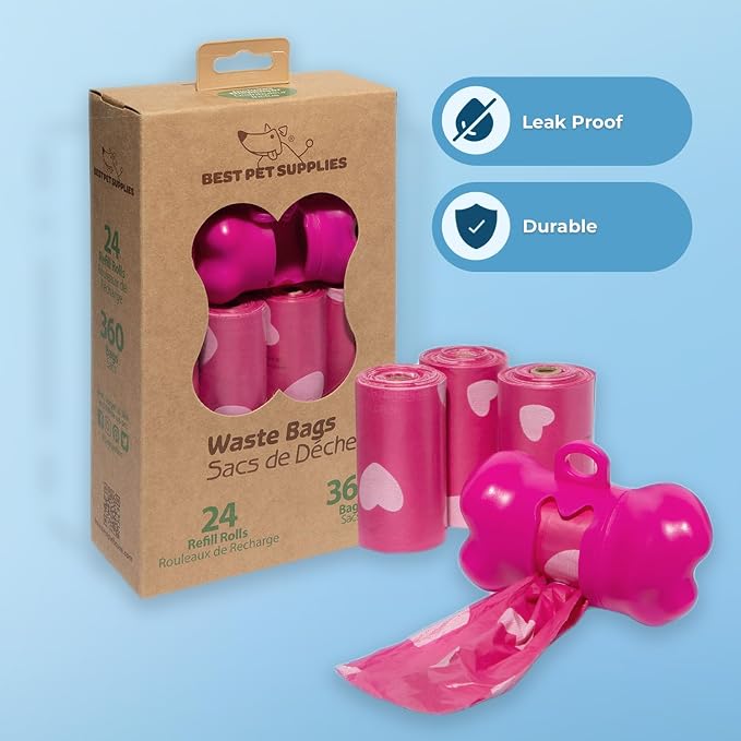 Best Pet Supplies Poop Bags for Dogs - Pink Heart, 360 Count | Scented, Leak-proof, Easy-Tear perforations, 15 Thick Bags per roll, Outdoor Walking & Travel, Fits Standard Holders - Image 3
