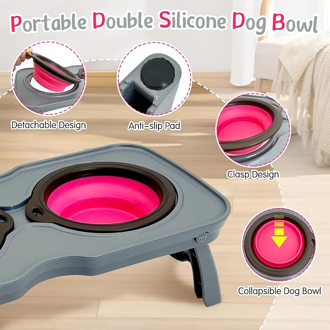 PINVNBY Elevated Dog Bowls Portable Raised Dog Bowl Stand with 2 Collapsible Silicone Food Bowl Non-Slip Travel Bowls for Small Dogs and Cats (14.6" L x 3.9" W x 3.9" H) - Image 3