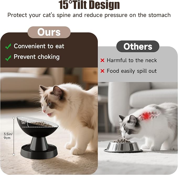 Raised Cat Food Bowl, Ceramic 15° Tilted Cat Bowl(Black) | Ant-Proof Design, for Whisker & Neck Fatigue, Protect Pet's Spine, Titled Anti-Vomiting Cat Dish, All Life Stage - Image 4