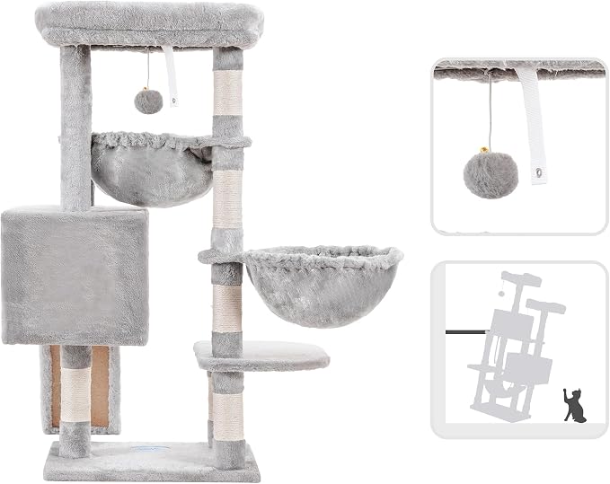 Hey-brother Cat Tree Tower with Large Bed, Hammocks, Scratcher, MPJ006SW | 35.4 Inches Cat House with Cozy Condo, Sisal Scratching Posts for Indoor Cats, Light Gray - Image 7