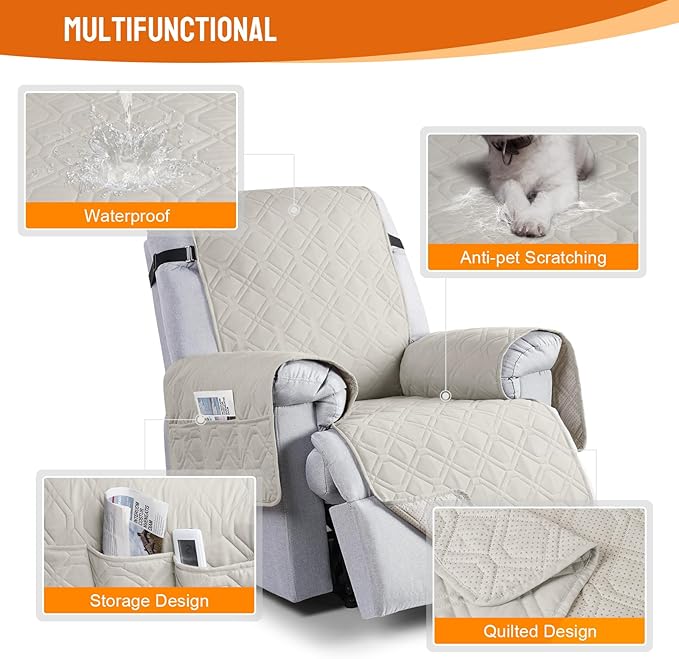 VANSOFY 100% Waterproof Recliner Chair Covers Washable, Beige, 25" | Non-Slip, Slipcover with Pocket, Furniture Protector, Elastic Straps, Chair Cover for Pets, Dogs - Image 4