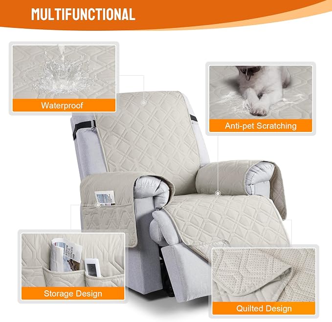 VANSOFY 100% Waterproof Recliner Chair Covers Washable, Beige, 20" | Non-Slip, Slipcover with Pocket, Furniture Protector, Elastic Straps, Chair Cover for Pets, Dogs - Image 4
