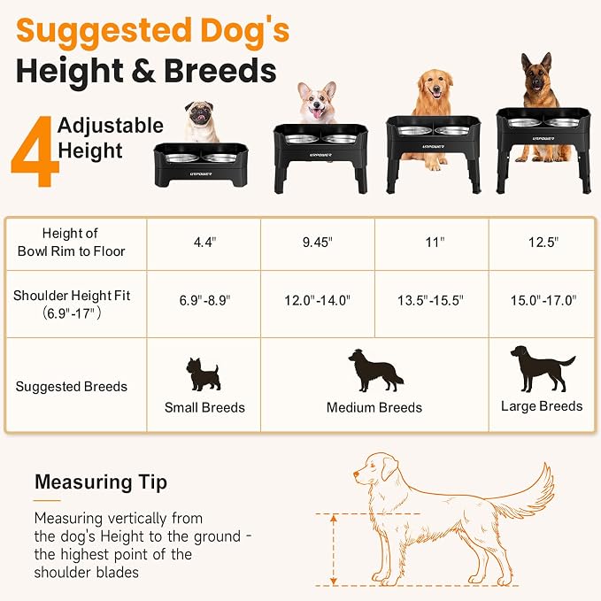 URPOWER Elevated Dog Bowls, 3-in-1 Double Deck Raised Dog Bowl Stand | 4 Height Adjustable Raised Stand with 2 Stainless Steel Food Bowls & Licking Plate for Small, Medium & Large Dogs - Image 8