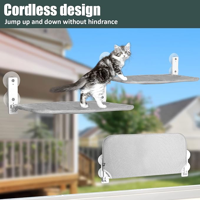 Sunhoo Cat Window Hammock Perch Cordless Perches Window Sill Seat Bed Foldable Stable Lounger Upgraded Suction Cup Easy Assembly Indoor Cats Kitty Shelf Hold Up to 55lbs（Grey,S - Image 6