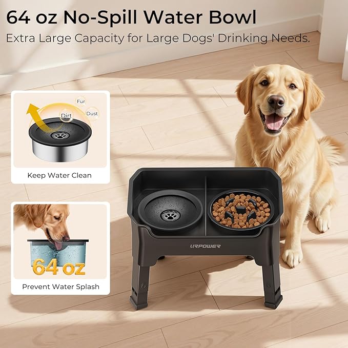 URPOWER Mess Proof Elevated Dog Bowls 4 Height Adjustable Raised Stand | No Spill Water Bowl, Slow Feeder Dog Bowls, Non-Slip Food and Water Bowl Set for Small, Medium & Large Dogs - Image 2