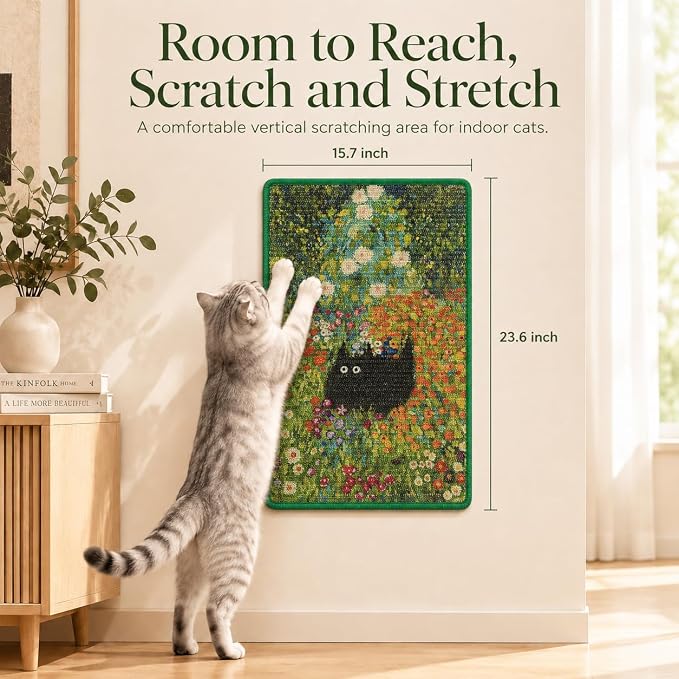 Art Sisal Cat Scratcher Mat, Cat Wall Scratchers for Indoor Cats | Wall Mounted Cat Scratcher, Natural Sisal, No-Drill Hook & Loop Setup, Floor or Wall Use, 23.6 x 15.7 Inch, Flower Garden - Image 2