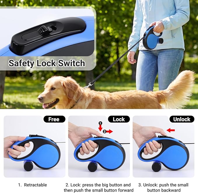 Segarty 16 Ft Retractable Dog Leash with Detachable Poop Bag Holder, 5m Walking Leash for Pets up to 66 lbs, 360°Tangle-Free Dog Lead with Anti-Slip Handle & One-Handed Brake Pause Lock for Outdoors - Image 4