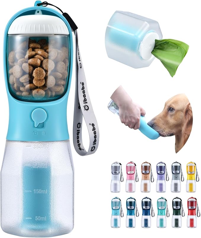 Cibaabo Dog Water Bottle with Food Container & Poop Bag Holder & Filter | Feeding & Hydration & Waste All in One | Travel Puppy Water Bowl | Portable Pet Dispenser | Dog Gifts | for Walking Beach by Cibaabo