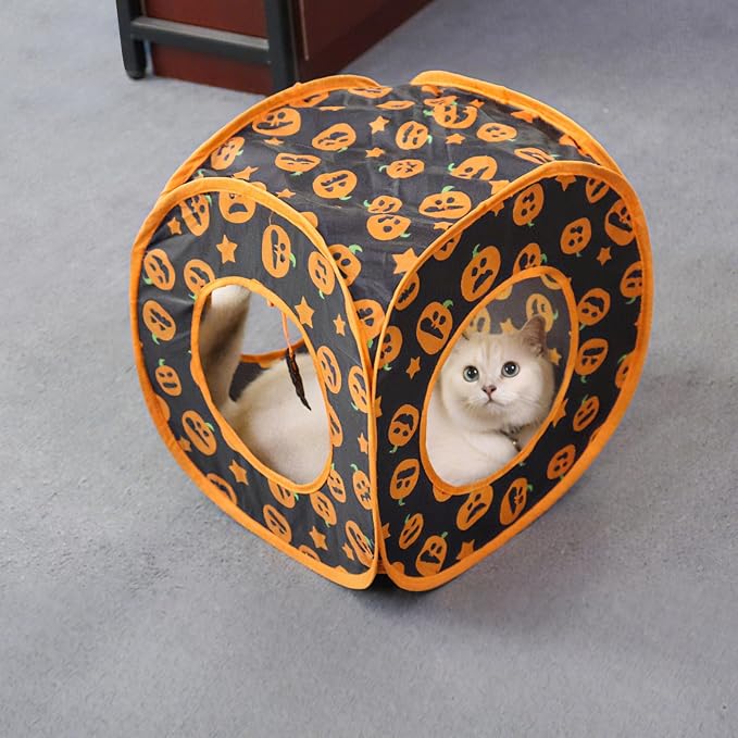 Andiker Cat Tent, 3 Holes Safe and Strong Cute Cats Tunnel Collapsible Easy to Carry Cat House for Indoor Cats Kittens Hiding Playing Training Sleeping (Square Yellow) - Image 5