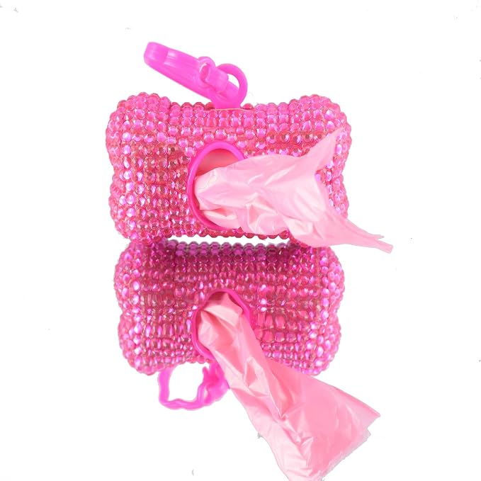 Bling Dog Poop Pickup Bag Dispenser Holder Pet Waste Disposal Bag Pet Trash Bags Holder Bone Shaped Hot Pink with small garbage bags - Image 2