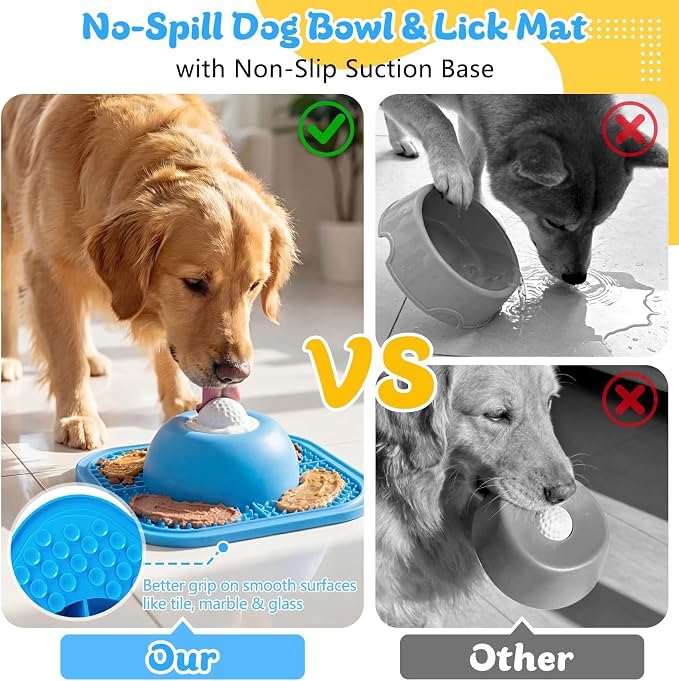Slow Feeder Dog Bowls & Lick Mat for Liquid and Thick Treat, Anti-Slip Dog Lick Bowl with Interactive Rolling Ball, 5/6 Cup Pup Licking Toy for Large Medium Small Dogs and Cats Blue - Image 5