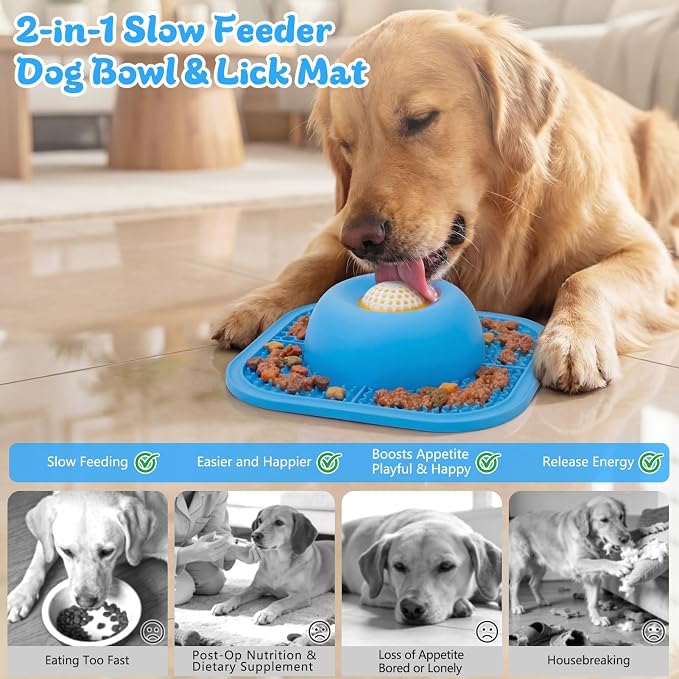 Slow Feeder Dog Bowls & Lick Mat for Liquid and Thick Treat, Anti-Slip Dog Lick Bowl with Interactive Rolling Ball, 5/6 Cup Pup Licking Toy for Large Medium Small Dogs and Cats Blue - Image 2