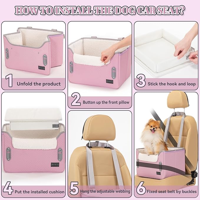 PETSFIT Dog Car Seats for Small Dogs, Portable Puppy Car Saet for Car with Clip-On Leash, Adjustable Straps Suitable for Small Pets Up to 25lbs (Light Pink) - Image 6
