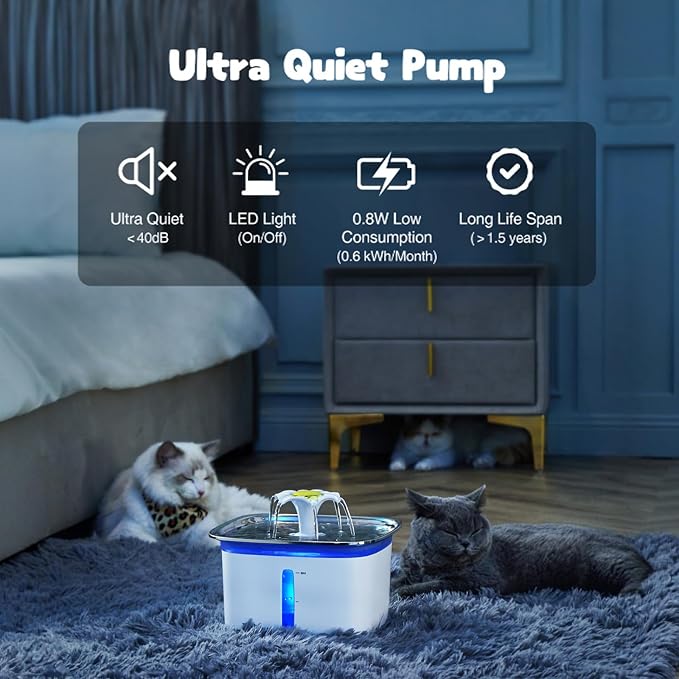 Veken Innovation Award Winner 95oz/2.8L Cat Water Fountain | Automatic Pet Fountain Dog Water Dispenser with Stainless Steel Lid, Replacement Filters & Silicone Mat Included (Silver) - Image 6