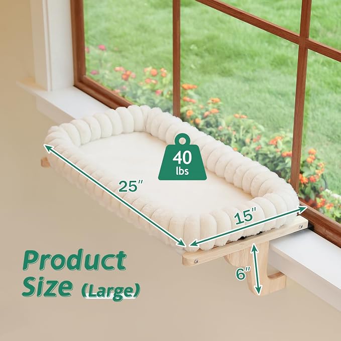 Zakkart SnugCloud Cat Window Perch with 4-Sided Bolster - Large Cat Hammock for Window Sill - Solid Hardwood & Metal Frame - Window Seat for Pets (Natural Color Wood w/White Bed, Large) - Image 7