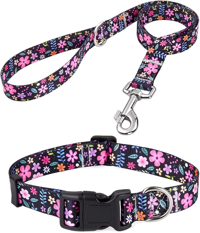 Mihqy Dog Collar and Leash Set, for Medium Dogs, Floral Set,M | with Floral Patterns, Adjustable for Small Medium Large Dogs, Comfortable for Walks and Outdoor Hikes by Mihqy