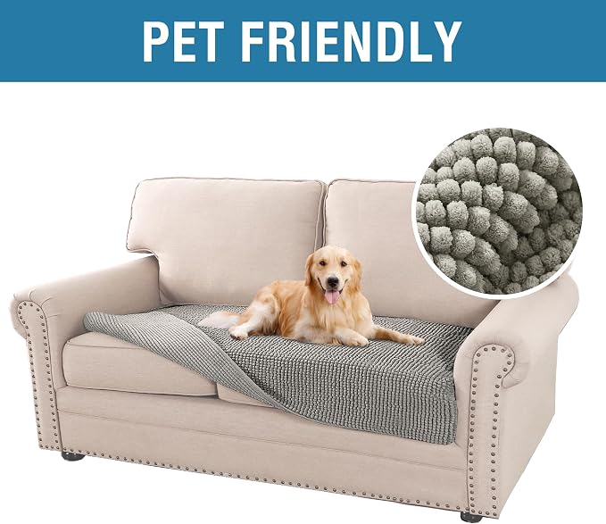 H.VERSAILTEX Plush Chenille Dog Bed Cover Thick Soft Loveseat Cover for 2 Cushion Couch Anti Slip Couch Cover Furniture Protector for Dog, Pet, Cat (35" x 62", Dove) - Image 2
