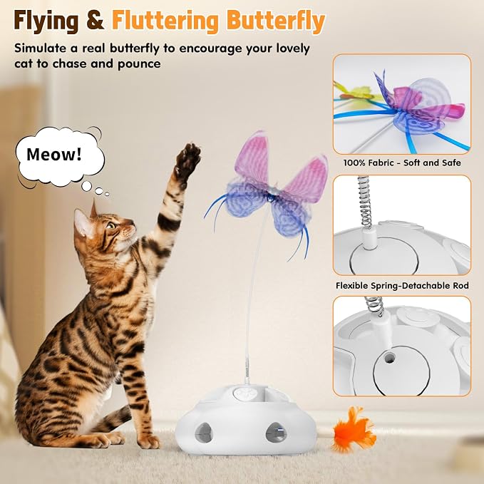 Interactive Cat Toys for Indoor Cats, 4in1 Pet Teaser Toy with Ambush Feather Wand, Motorized Fluttering Butterfly and Slow Feeder, Rechargeable Power Treat Puzzle Toys(White) - Image 3