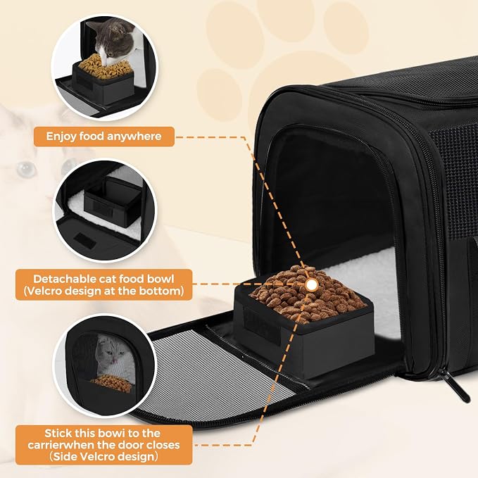 Soft Cat Carrier with Detachable Food Bowl,Pet Travel Bag (Up to 16 lbs) | Puppy Crate with Lockable Zippers,Airline Travel for Small Dog,Kitten,Animal,Breathable Mesh Kennel,Carrying Case,Black - Image 5