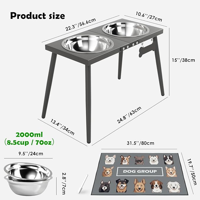 ADENGL Elevated Dog Bowls for Large Extra Large Pet, Raised Dog Bowl Stand with Sprill Proof Mat and Bowls (2000ml/70oz), Pet Food & Water Bowl 15.5" Tall Dogs Feeder for Extra Large Breed, Grey - Image 4