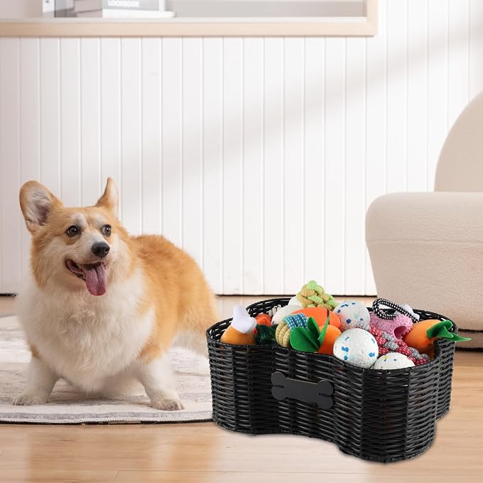 Pet Dog Toy Basket,Dog Bone Shape,Wicker Storage Bin for Dog Cat Toys with DIY Tag,Dog Toy Organizer Holder Boxes for Living Room,Handmade Poly Wicker Basket - Image 7