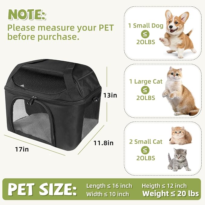 Soft Cat Carrier Up to 20 Lbs, Washable Pet Travel Bag for Kitten Puppy | Breathable Mesh, Medium to Big Pets Small Dog,Soft-sided Cloth Animal Crate for Car Travel Carrying, Safe for Vet Visit,Black - Image 2