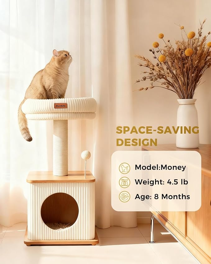 Small Cat Tree for Indoor Kittens, 30" Compact Modern Cat Tower | Natural Bamboo Cozy Condo, Soft Padded Perch, Sisal Scratching Post, Dangling Ball Toy, Stable Base, for Cats up to 15 lbs - Image 5