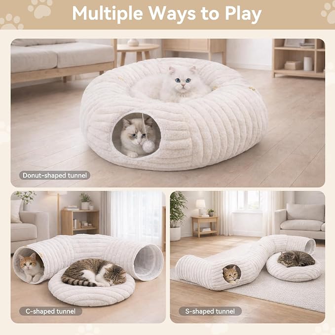 Dogpals Cat Tunnel Bed Cave 33" Lx10 Wx10 H for Indoor Cats (White) | Washable Cozy Cushion, Soft Striped Plush Fabric, Hideaway Peekaboo Cave for Kittens, Puppies, Rabbits & Small Pets - Image 2