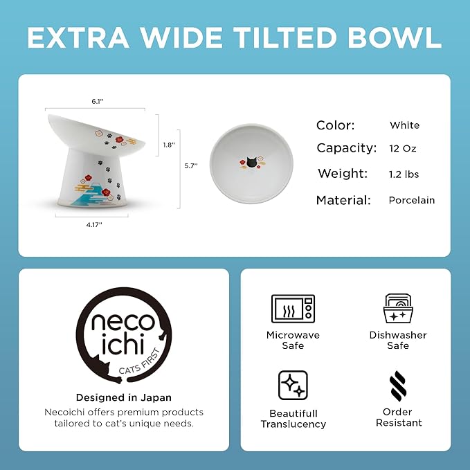 Necoichi Ceramic Raised Cat Food Bowl, 15° Tilted (Fuji, Extra Wide Tilted) - Image 2