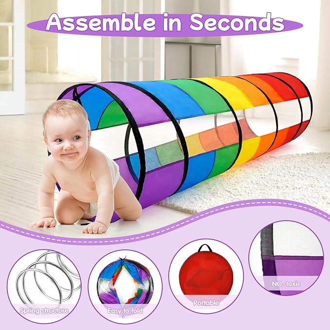 Kids Play Tunnel for Toddlers, Large 21" Colorful Rainbow | Pop Up Crawl Tunnel Tent for Baby or Pet with Breathable Mesh, Indoor & Outdoor Kids Tunnel for Babies, Cat, Dog, Pets - Image 3