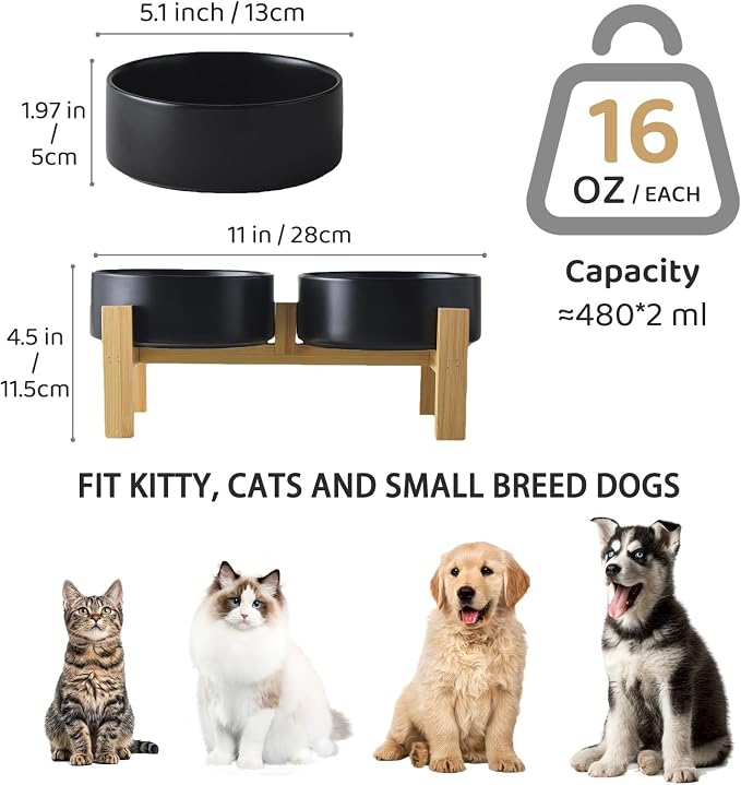 Elevated Ceramic Dog Bowl Set - Raised Dog Bowls with Non Slip Bamboo Stand, Food and Water Bowl Set for Kitty, Cats and Toy Breed Dogs, Pet Bowls, Weighted Dogs Dishes (5.1'', 2*16OZ, Black) - Image 3