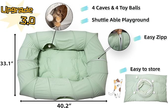XxingSheep 4 Ways Shuttled XL Cat Tunnel Bed for Indoor Cats Peekaboo Cat Cave Donut with Cool Mat (Green) - Image 4