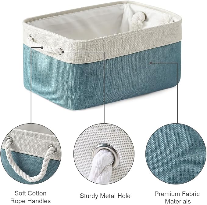 TheWarmHome Fabric Storage Bins Baskets for Organizing,Sturdy Storage Basket W/Handles, Decorative Foldable Storage Baskets for Shelves Closet Nursery Toy (White&Teal, Medium - 3 Pack) - Image 7