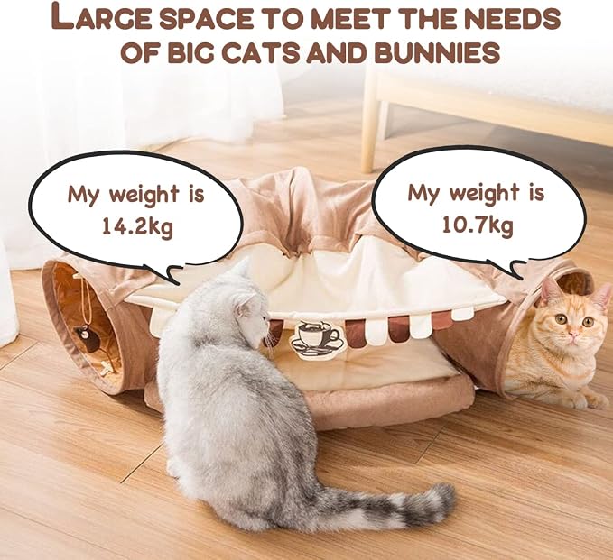 EAEDMY Cat Rabbit Tunnel Bed Nest for Cats Indoor, with Collapsible Washable Soft Cushion, Plush Ball and Exercise Wheel Tube, Fit for Puppy Bunny Kitty Kitten Ferret(2.Coffee) - Image 2