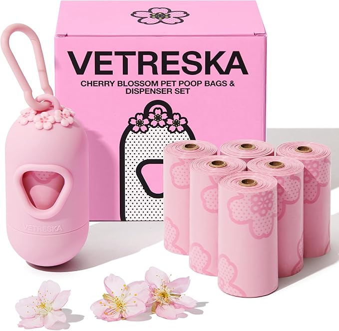 VETRESKA Dog Poop Bag Dispenser with 105 Cherry Blossom Scented Bags | Leak Proof and Extra Thick Pet Waste Bags, 1 Poop Bag Holder and 7 Rolls for Dog Walking and Cats Litter by VETRESKA