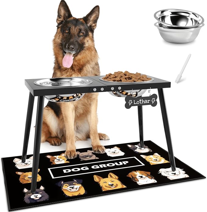 Metal Raised Dog Bowl Stand for Extra Large & Large, Dogs Food & Water Bowls 15" Tall,with Sprill Proof Mat, Raised Stand (70OZ-Stainless Steel Dog Bowls, Mat-20x31) by ADENGL
