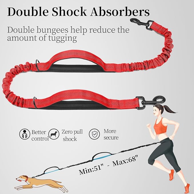 Hands Free Dog Leash with Zipper Pouch, Large, 25-120 lbs, Red | Waist Leash, Dual Padded Handles, Shock-Absorbing Bungee, Adjustable Waist Belt, Walking and Running - Image 5