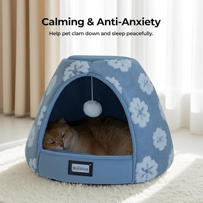 BALANCE Cat Beds for Indoor Cats, 2-in-1 Cat Bed Cave with Anti-Slip Bottom and Ultra-Soft Plush, Cozy Cats House Tent for Kittens and Small Dogs, 21 Inches, Blue - Image 3